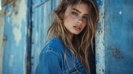 Fototapeta premium Stylish girl in denim jacket against blue wood backdrop 