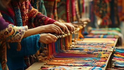 Colorful textiles, hands examining, outdoor market