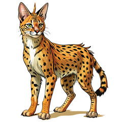 A majestic serval cat, standing tall on long, slender legs, showcasing its distinctive spotted coat.  The cat is alert and graceful.
