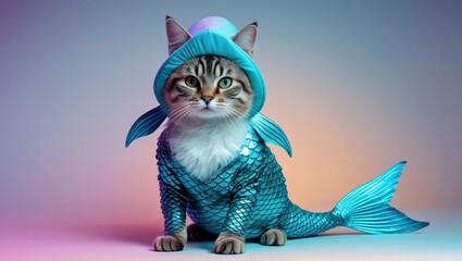 Cute Cat in Mermaid Costume,Teal Scales,Fantasy Pet