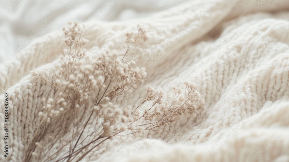 Poster soft, creamy knitted fabric serves as the perfect backdrop for fragile dried flowers, inviting a sen