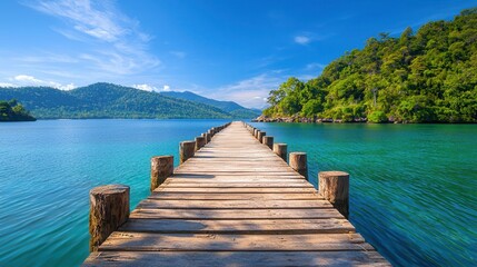 Obraz premium Scenic Wooden Pier Extending Into Tranquil Blue Water Landscape