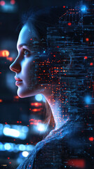 Obraz premium Human and AI Integration Concept in a Futuristic Digital World