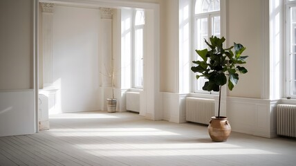 Minimalist Interior with White Walls and Bright Sunlight Streaming Through the Window