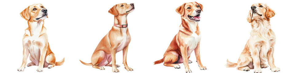 Happy and friendly Labrador Retriever puppy sitting on a clean white studio background looking directly at the with a joyful expression  This versatile image can be used for a variety of pet animal