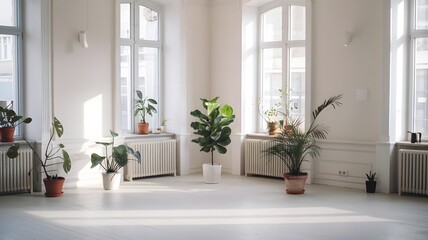 Fototapeta premium Minimalist Interior with White Walls and Bright Sunlight Streaming Through the Window
