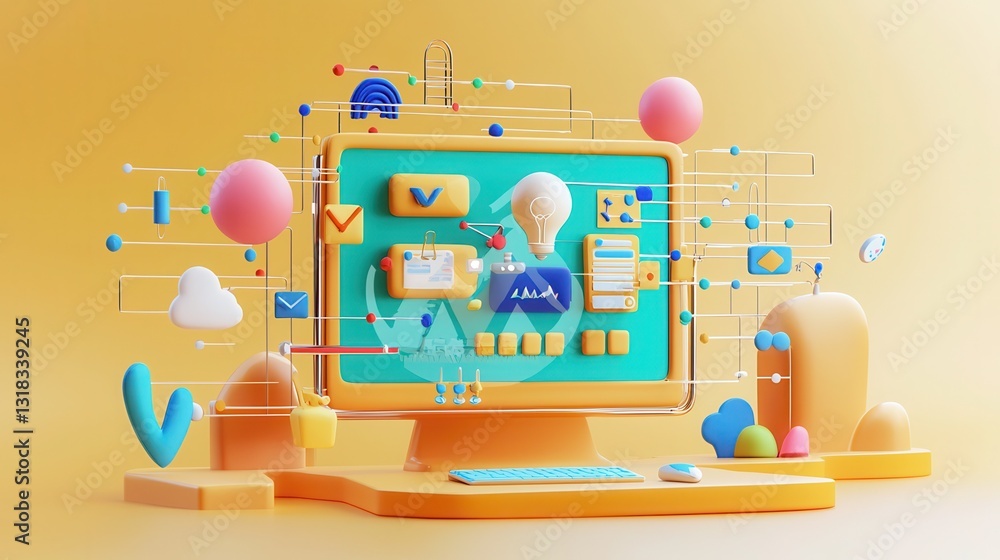 Poster colorful 3d computer setup with creative design elements