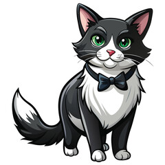 Elegant tuxedo cat, black and white fur, standing upright, alert expression, striking pose.