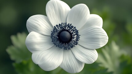 Striking anemone flower with pure white petals and a deep black center against a soft green background

