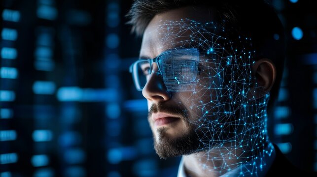 Businessman using voice recognition with face scan for data protection 