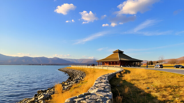 Embankment of Issyk-Kul. Ruh Ordo Cultural complex, Cholpon Ata, Kyrgyzstan