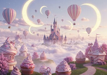 Whimsical Fantasy Dreamland with Floating Islands, Cupcake Castles & Pastel Hot Air Balloons – 3D Art