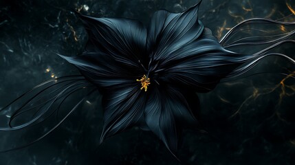 Dramatic black bat flower with long silk-like tendrils illuminated by soft ethereal lighting

