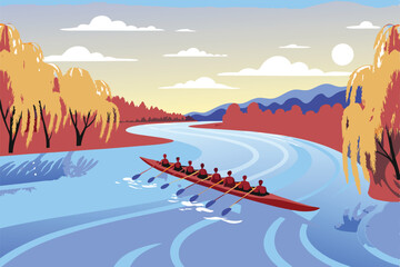 Serene landscape painting a winding river meanders through a vibrant green valley, rowers gliding peacefully on its surface. © cupacup