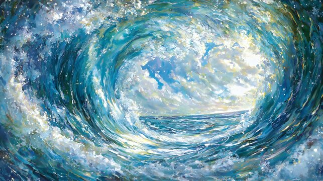 Abstract Ocean Wave Painting Turquoise and Blue Swirling Vortex