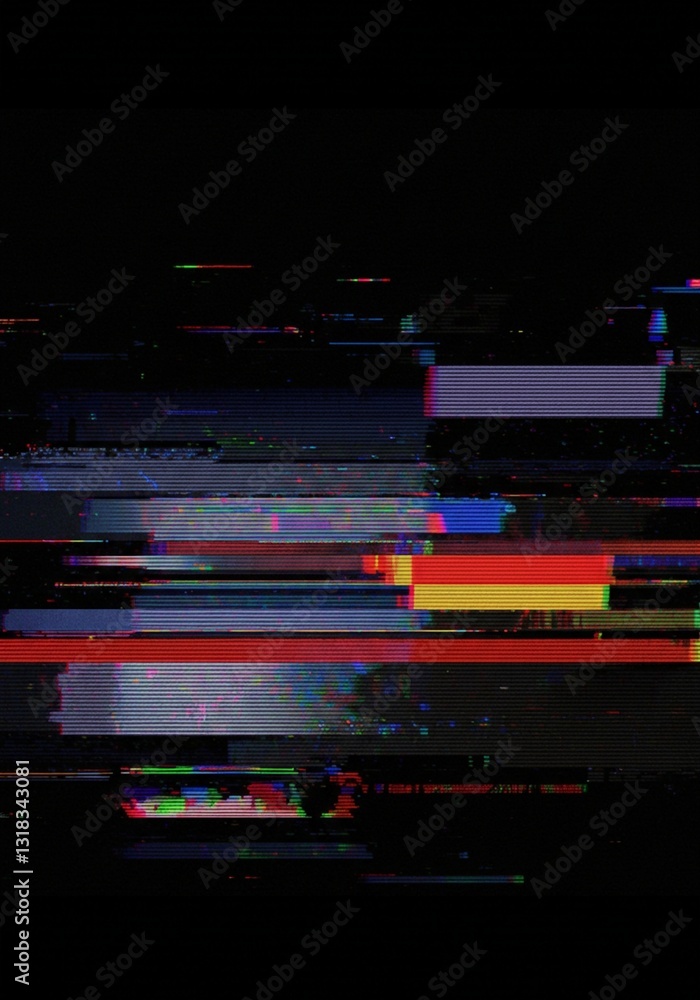 Poster digital artifacts and vibrant color distortion create a glitch art composition with abstract pixel b