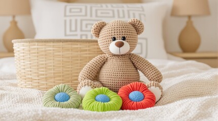 Fototapeta premium Crochet teddy bear with vibrant yarn flowers on a knitted blanket, placed in a cozy room with warm lighting and soft decor. Concept of handmade crafts. Ai generative.