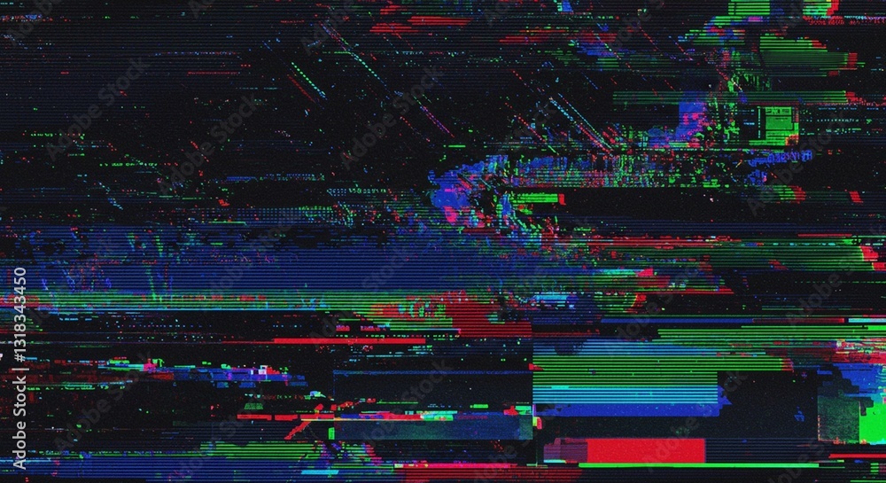 Poster a dark background highlights the glitch art composition with vibrant color distortion, featuring abs