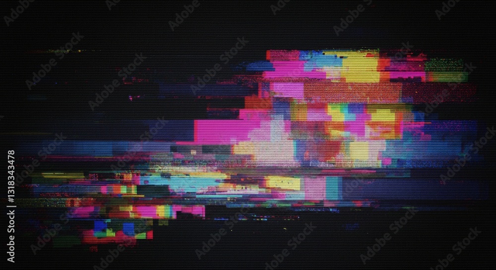 Poster the glitch art composition with vibrant color distortion, featuring abstract pixel blocks and digita
