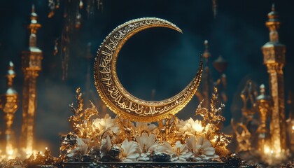 Obraz premium Golden Crescent Moon Ornament with White Flowers and Candles