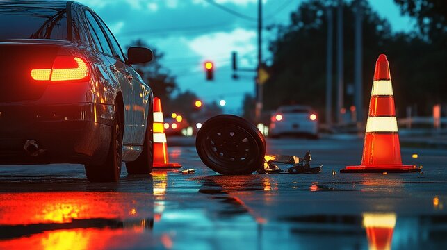 A cautionary scene of a car pulled over with hazard lights flashing, a flat tire, and reflective safety cones.