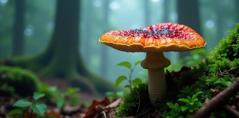 Fototapeta premium Gloeoporus dichrous in misty forest environment, bracket fungus, fog, gasteromycete