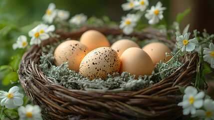Colorful Speckled Eggs in a Basket on Green Outdoor Garden Setting