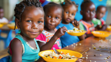 Cute Africa little black children eating food at daycare centre. © manassanant