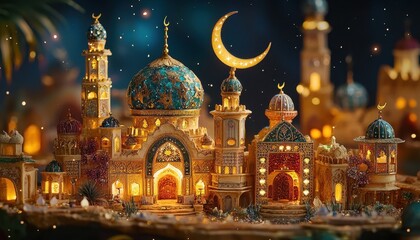 Obraz premium Illuminated Mosque Miniature at Night with Crescent Moon and Stars