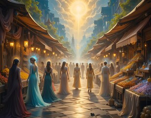 Obraz premium Women Walking Towards Heavenly Light in Medieval Market
