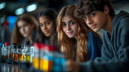 Engaged diverse young students in a modern science lab environment, education