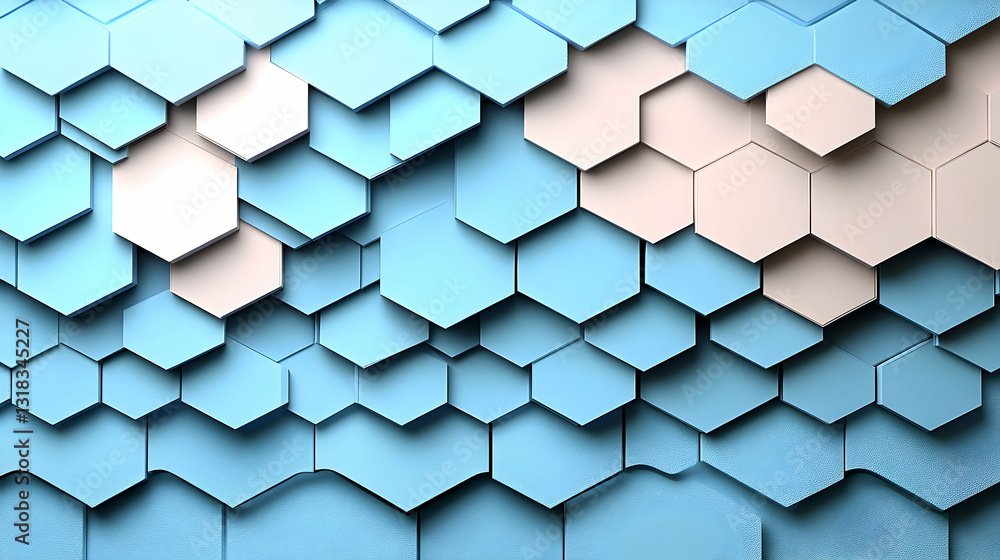 Poster abstract 3d geometric pattern of hexagons in pastel blue and off-white, creating a textured surface