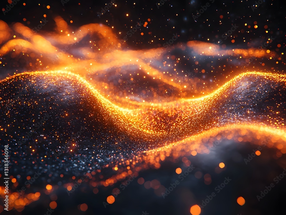 Poster vibrant glowing visualization of quantum entanglement with interconnected particles