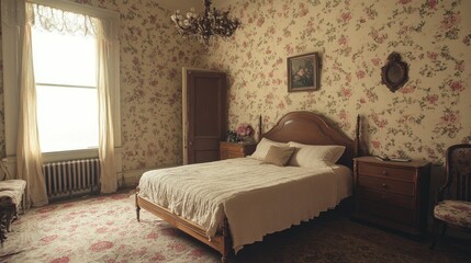 Vintage bedroom with floral wallpaper