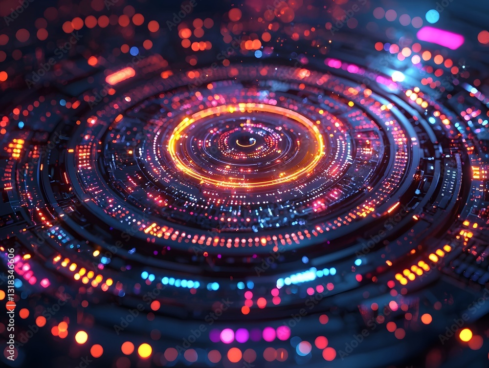 Poster vibrant glowing quantum computing core with colorful holographic displays of algorithms
