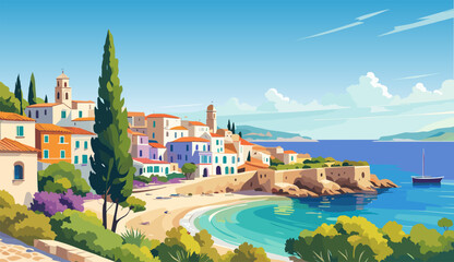 Mediterranean sea beach landscape. Italy, Greece, Spain Travel destination. Seaside with old traditional houses. Vector colorful illustration of european coast. Summer banner, poster, background.
