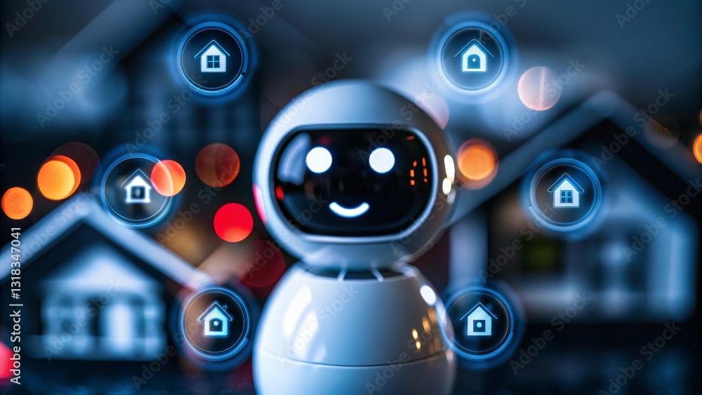 Aufkleber smart robot with home automation icons in a cozy setting.