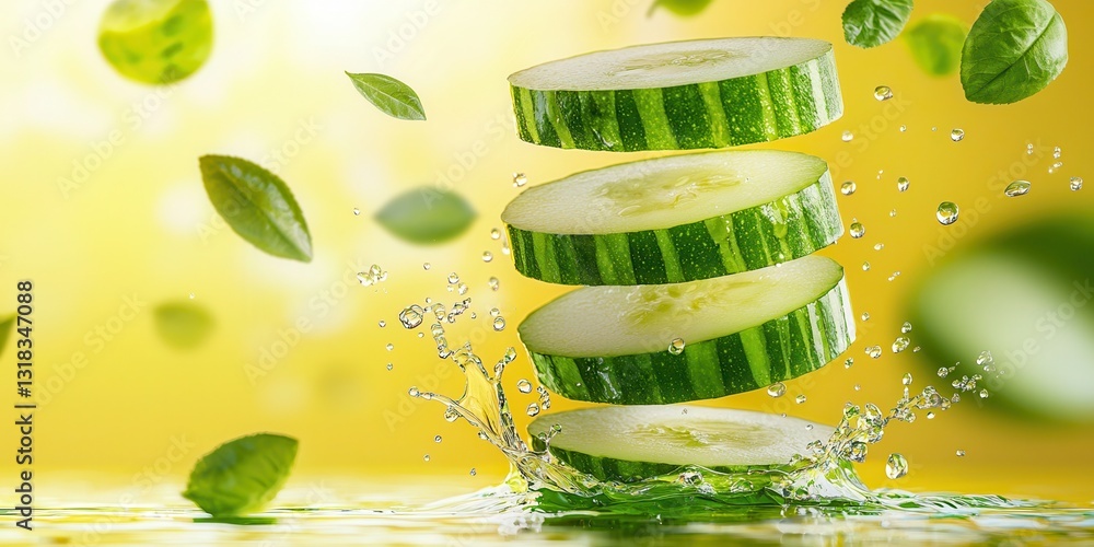 Poster fresh cucumber slices floating above water with green leaves