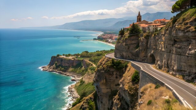 Coastal Beauty: The image captures a scenic view of a coastal road winding along a rugged cliffside, overlooking the serene turquoise ocean under a bright, clear sky. - Powered by Adobe