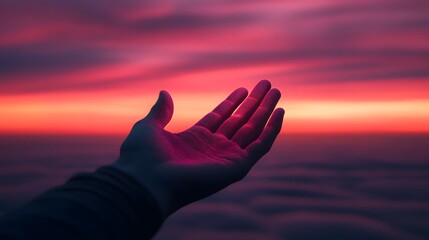 Surreal Gesture of Hand Reaching Toward Glowing Horizon with Ethereal Light Fractals