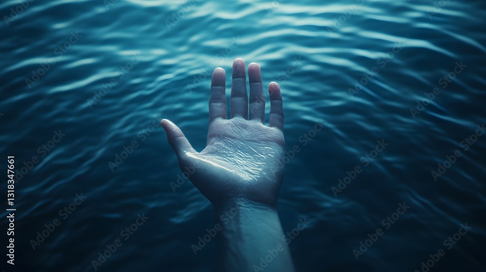 Poster surreal floating hand glowing above tranquil sea with cascading rays