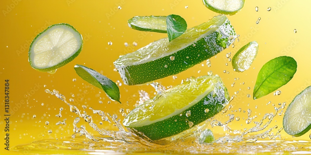 Poster fresh lime slices splashing in water against a yellow background