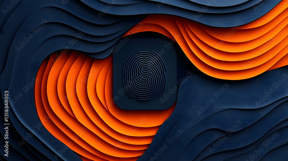 Poster abstract art featuring vibrant orange and dark blue layered shapes, creating a dynamic, swirling eff
