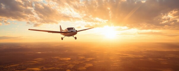A single engine aircraft soaring through a beautiful golden sunset sky