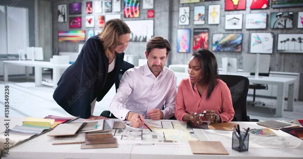 Poster expert architects collaborating on blueprint
