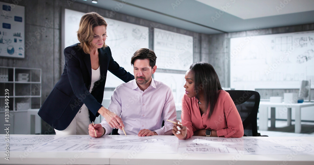 Poster group of engineers reviewing blueprints