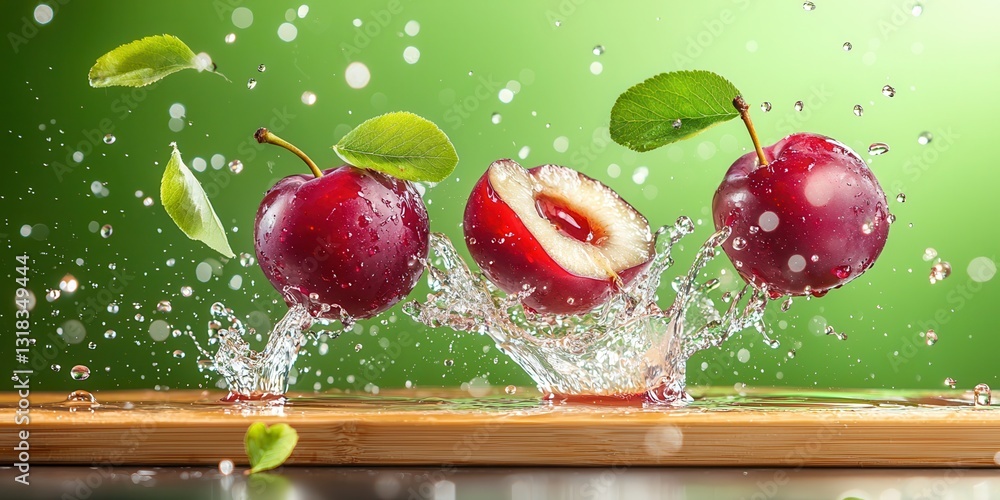 Poster fresh red apples with splashing water on wooden surface