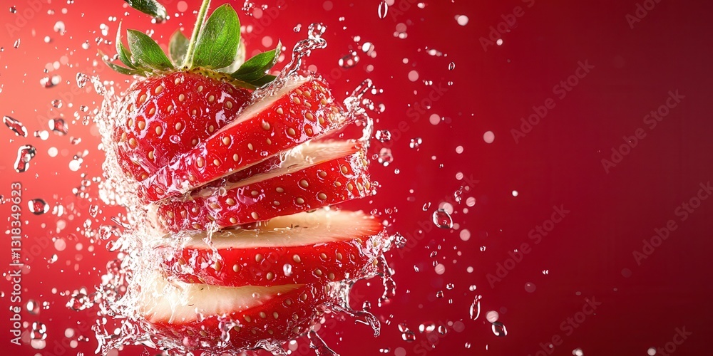 Poster fresh red strawberry slices splashing in water on vibrant background