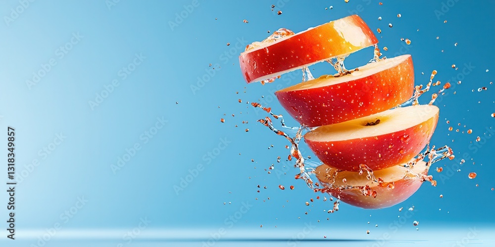 Poster slices of fresh apple splashed with water on blue background