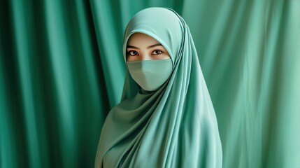 Naklejka premium Woman in Teal Hijab and Mask